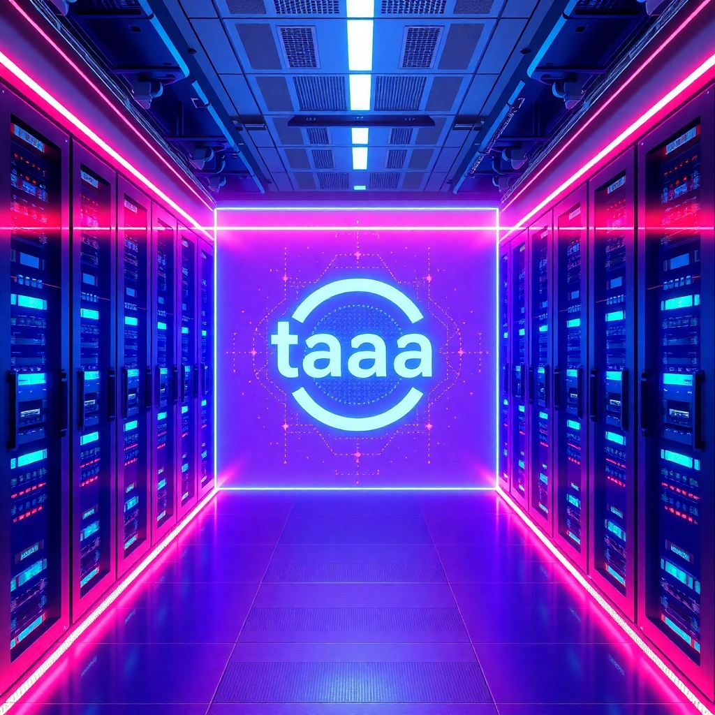 A 3D render of a futuristic server room with glowing data streams flowing through the racks. In the center, a large holographic display showcases the taaac logo. The color scheme should be modern and tech-focused, with blues and purples dominating. The style is sleek and high-tech. 8k resolution, ultra-detailed.