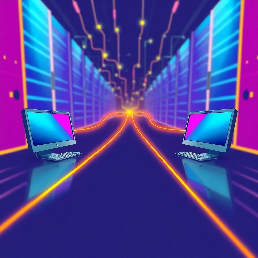 A dynamic, stylized illustration depicting two computers connected by a direct, brightly colored line representing a WebRTC connection. The computers are placed on opposite sides of the image, with a network of interconnected servers subtly visible in the background. The color scheme is vibrant and modern, and the lighting is bright and energetic. Emphasize the directness and speed of the connection with motion blur effects. 8K resolution, clean vector graphics.