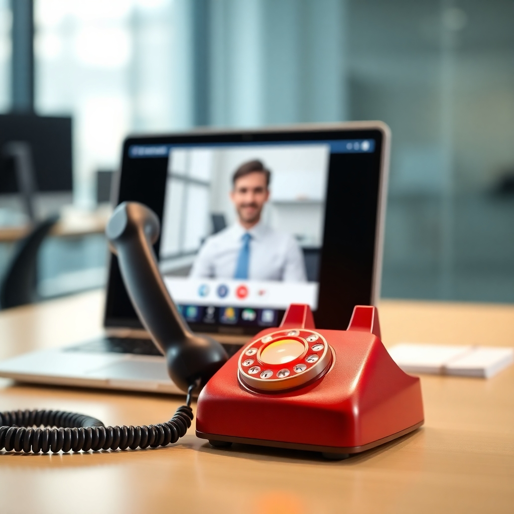 A photorealistic image combining a classic telephone receiver with a modern laptop displaying a video call interface. The receiver is subtly glowing with digital light, symbolizing the convergence of traditional telephony and WebRTC technology. Background should be a blurred office, with shallow depth of field. 8k resolution, high detail.
