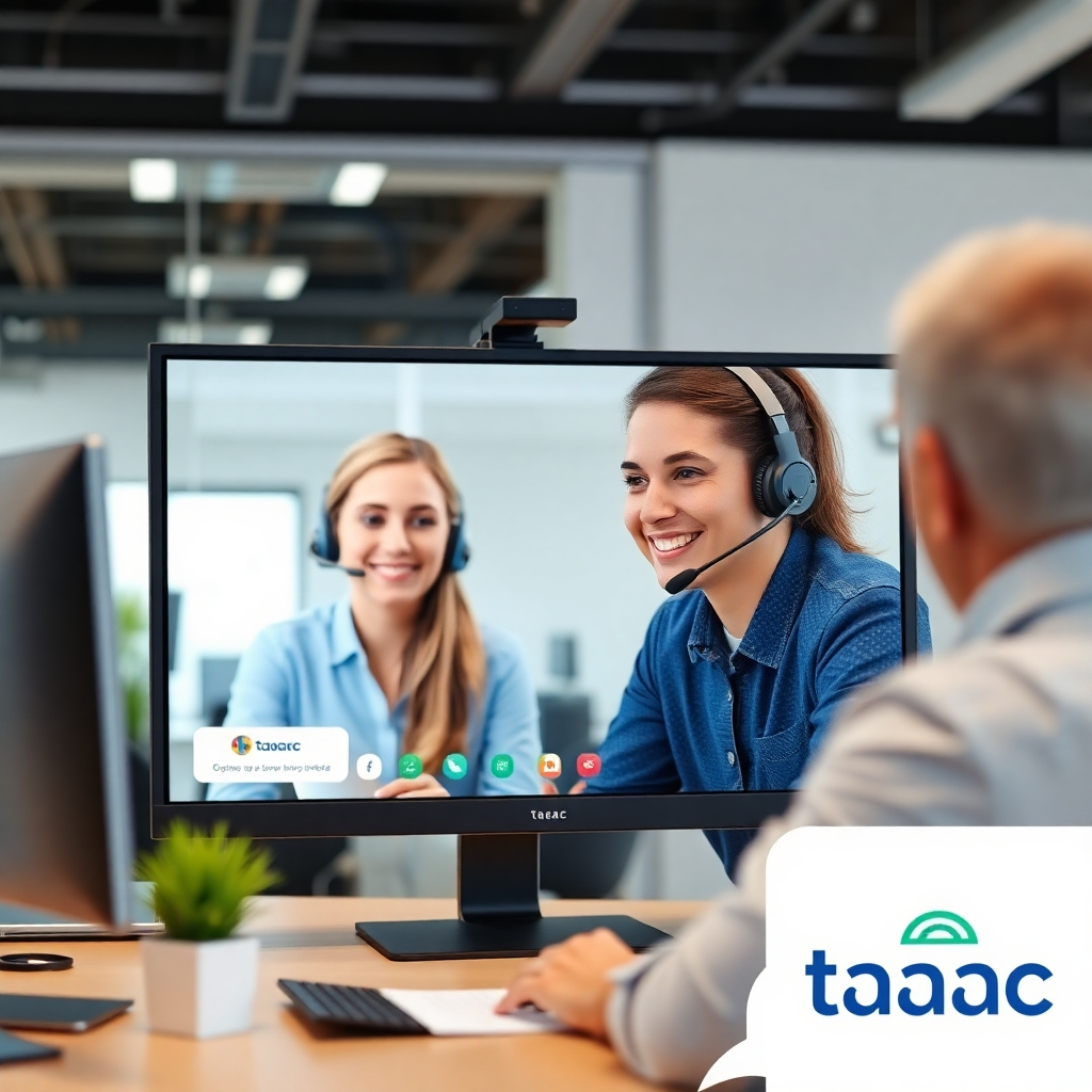 A photorealistic image depicting a friendly support agent assisting a customer via video call. The agent is smiling and providing helpful guidance. The background is a clean and professional office environment. The taaac logo is subtly displayed in the corner of the screen. 8k resolution.