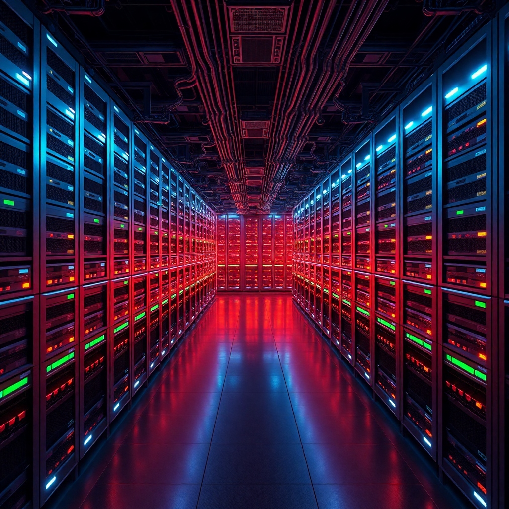 A photorealistic image depicting a vast network of interconnected servers, symbolizing scalability. The servers are arranged in a grid pattern, with data flowing seamlessly between them. The lighting is dramatic and emphasizes the scale of the infrastructure. 8k resolution.