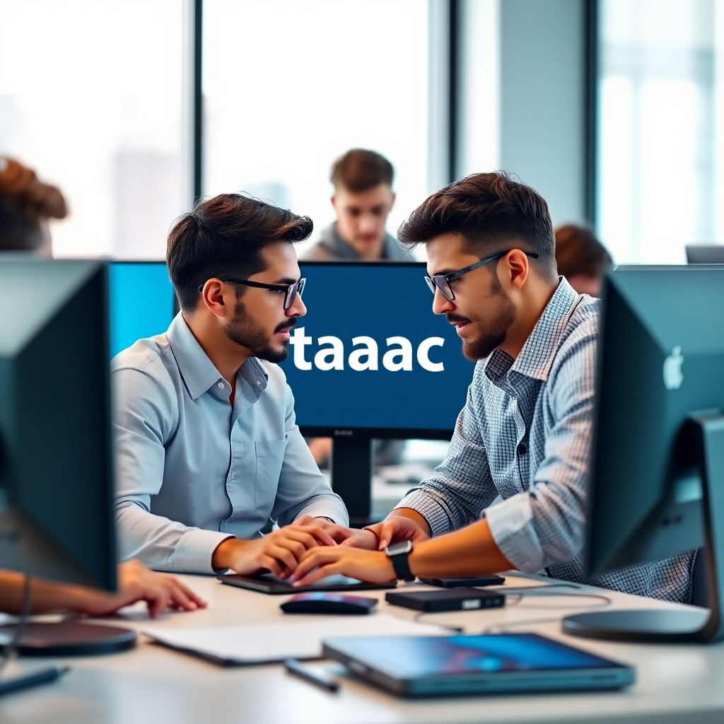 A photorealistic image showing a diverse team of developers collaborating on a WebRTC integration project. They are working in a modern office environment, surrounded by monitors and devices. The taaac logo is subtly displayed on one of the screens. 8k resolution, sharp focus.