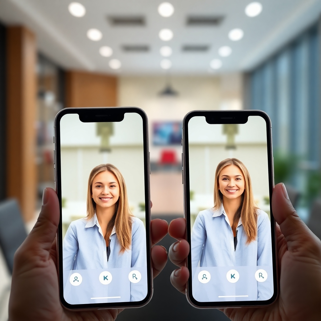 A photorealistic rendering of two smartphones displaying crystal-clear video calls, with the WebRTC logo subtly displayed in the corner of each screen. The phones are positioned against a blurred background of a modern office space, suggesting professional communication. Use shallow depth of field to keep focus on the screens' clarity. The overall tone is professional and reassuring, highlighting the quality and reliability of WebRTC. 8K resolution, sharp focus on screens.