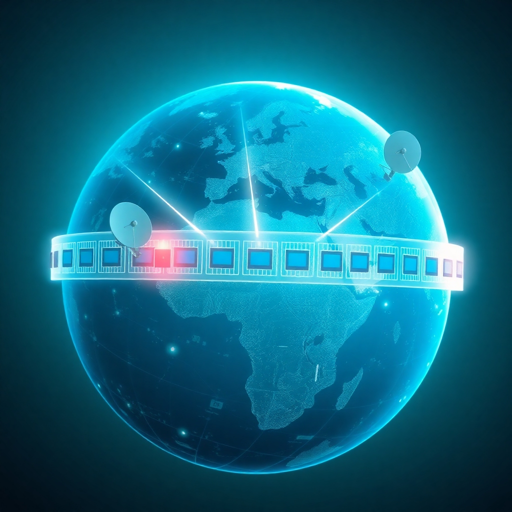 A photorealistic representation of a globe with network firewalls visualized as translucent barriers. Beams of light (representing WebRTC signals) navigate through the barriers using STUN/TURN servers depicted as satellite dishes orbiting the globe. The globe is softly illuminated. The color palette should be cool and technological, with blues and greens dominating. 8k resolution, detailed and realistic.