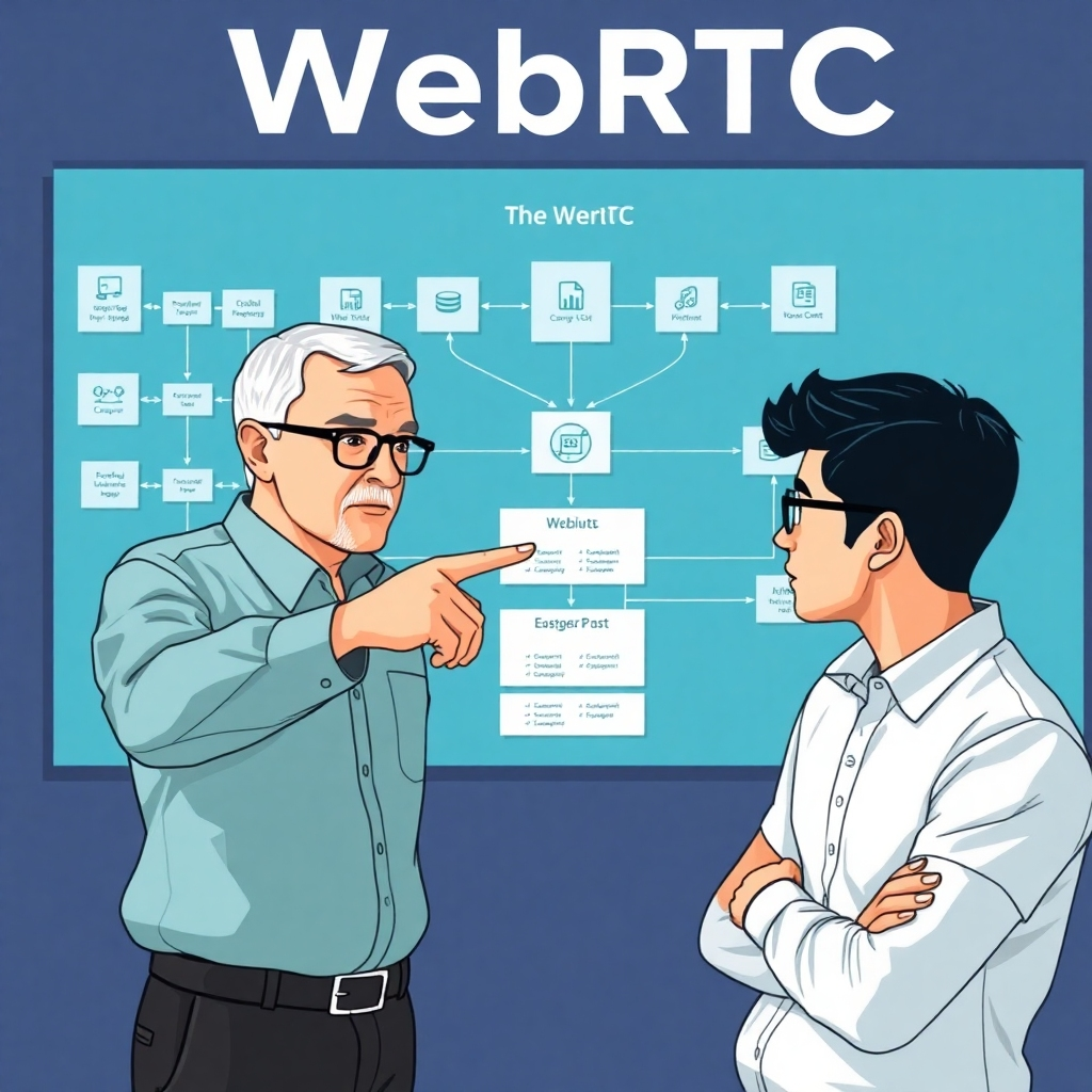 A stylized image depicting a mentor guiding a student through a complex WebRTC diagram. The mentor is pointing to key aspects of the diagram, explaining the technology. The scene is well-lit and conveys a sense of guidance and expertise. 8k resolution.