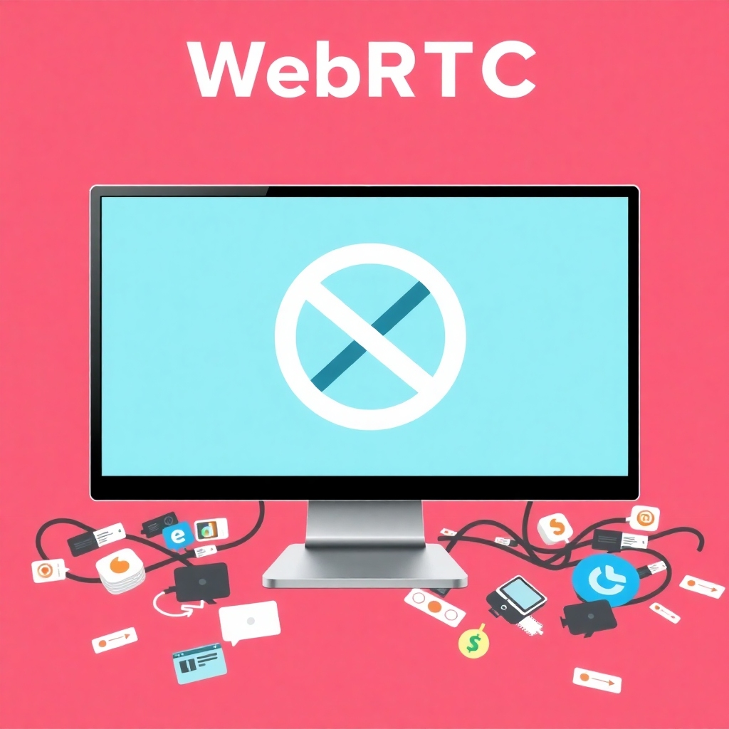 A stylized image of a computer screen with a 'no plugin' symbol overlaying a tangled mess of outdated browser plugins. The screen is clean and modern, representing the streamlined experience of WebRTC. Use a bright, contrasting color scheme. The overall style is minimalistic and visually appealing. 8k Resolution.