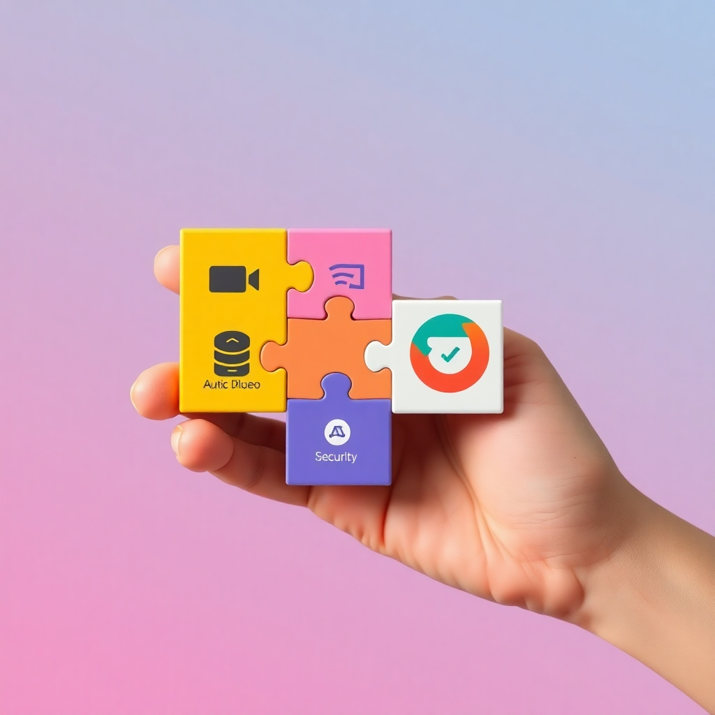 A stylized image of a hand assembling puzzle pieces, each representing different aspects of WebRTC technology (audio, video, security, browser). The puzzle is nearing completion, symbolizing the ease of integrating WebRTC. Use a bright, inviting color palette and a flat design style to convey simplicity and accessibility. The background is a soft gradient, and the lighting is even and consistent. 8K resolution, clean and modern.