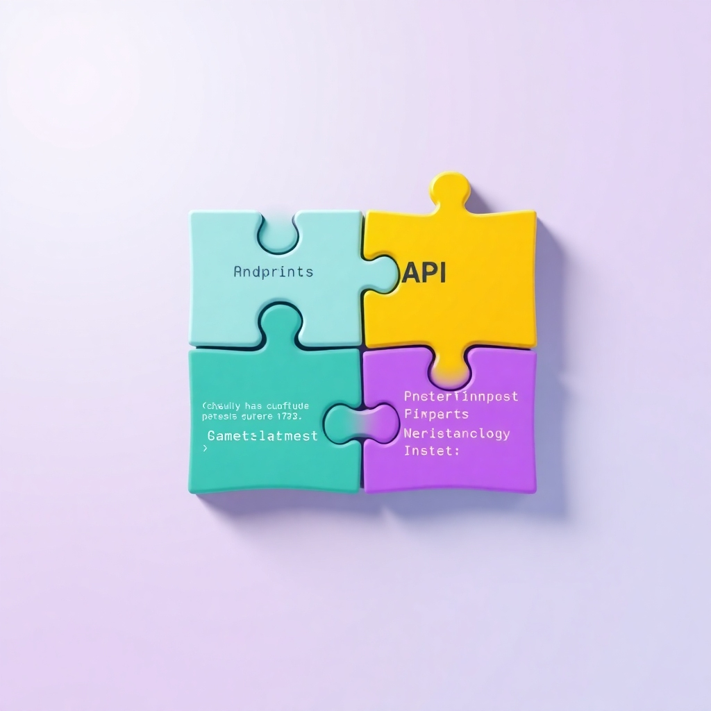 A stylized image of a jigsaw puzzle with pieces representing API endpoints and code snippets. The pieces are brightly colored and easy to connect, symbolizing the ease of integration. Background should be a soft gradient. 8k resolution.