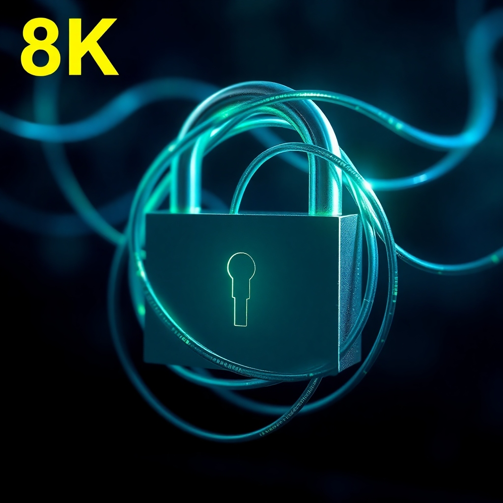 A stylized image of a padlock with interwoven fiber optic cables representing encrypted data streams. The padlock is brightly lit, symbolizing security, against a dark, blurred background. The color scheme is a combination of blues and greens, conveying trust and technology. 8K resolution, high detail, and metallic textures.