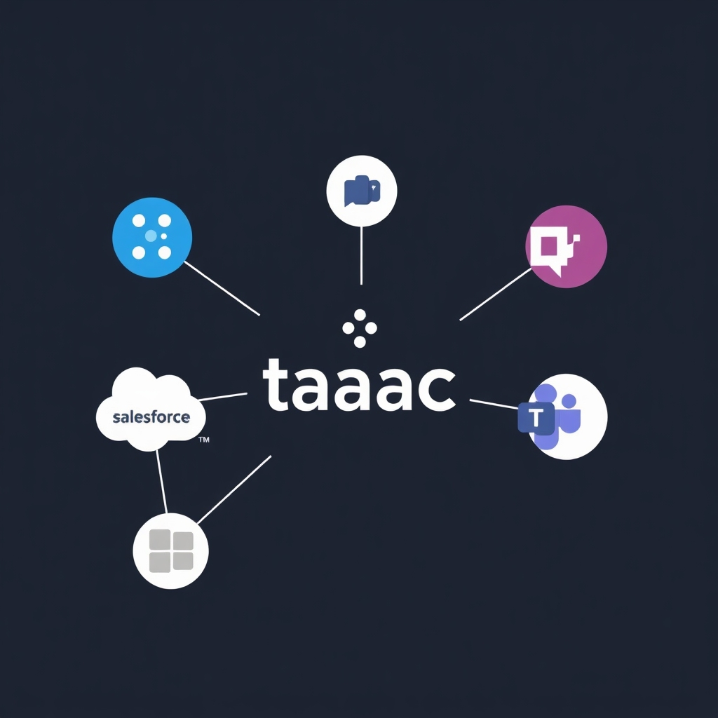 A stylized image showing the taaac logo connecting to various other popular application logos (e.g., Slack, Salesforce, Microsoft Teams) via interconnected lines. The composition should be clean and visually appealing, highlighting the seamless integration capabilities. 8k resolution.