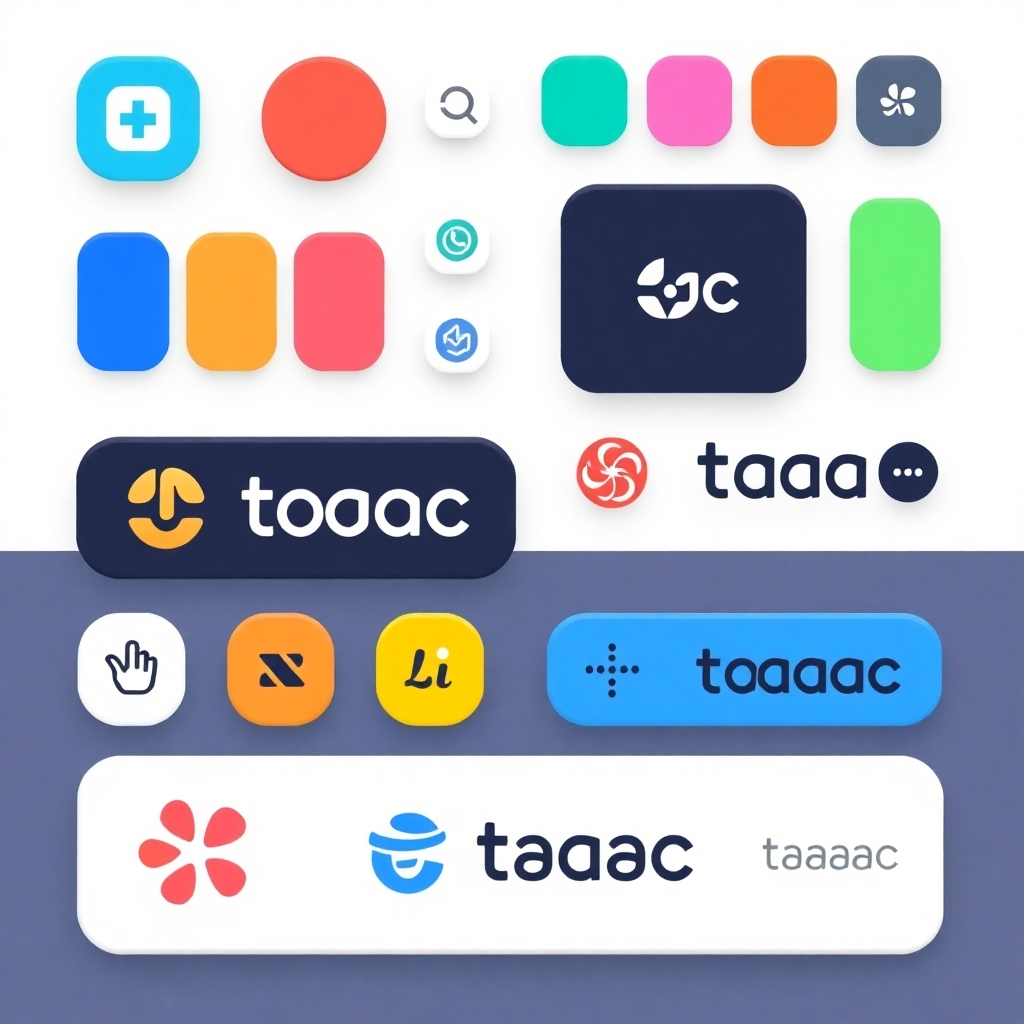 A stylized image showing various UI elements (buttons, colors, logos) that can be customized within the taaac platform. The elements are arranged in a visually appealing manner, showcasing the flexibility of the platform. 8k resolution, modern design.